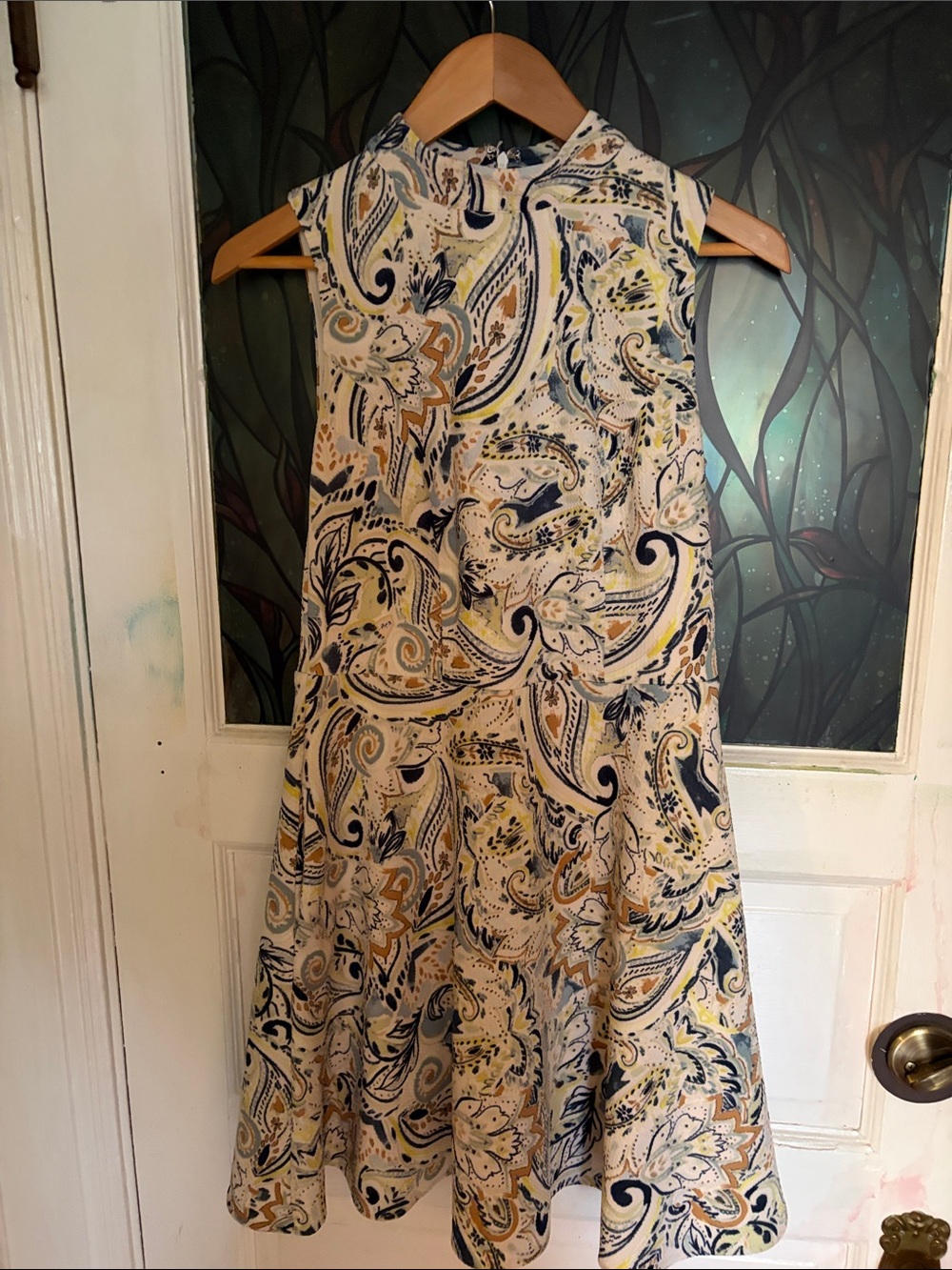 Johnston & Murphy Sleeveless Paisley A-Line Dress in Cream, Navy & Mustard